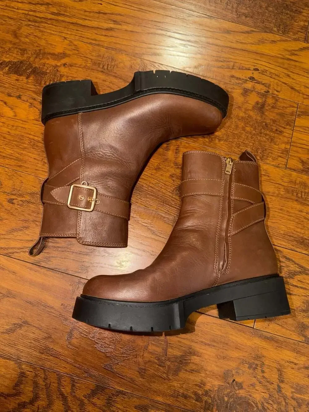 Coach Brown Leather Lug Sole Buckle Booties